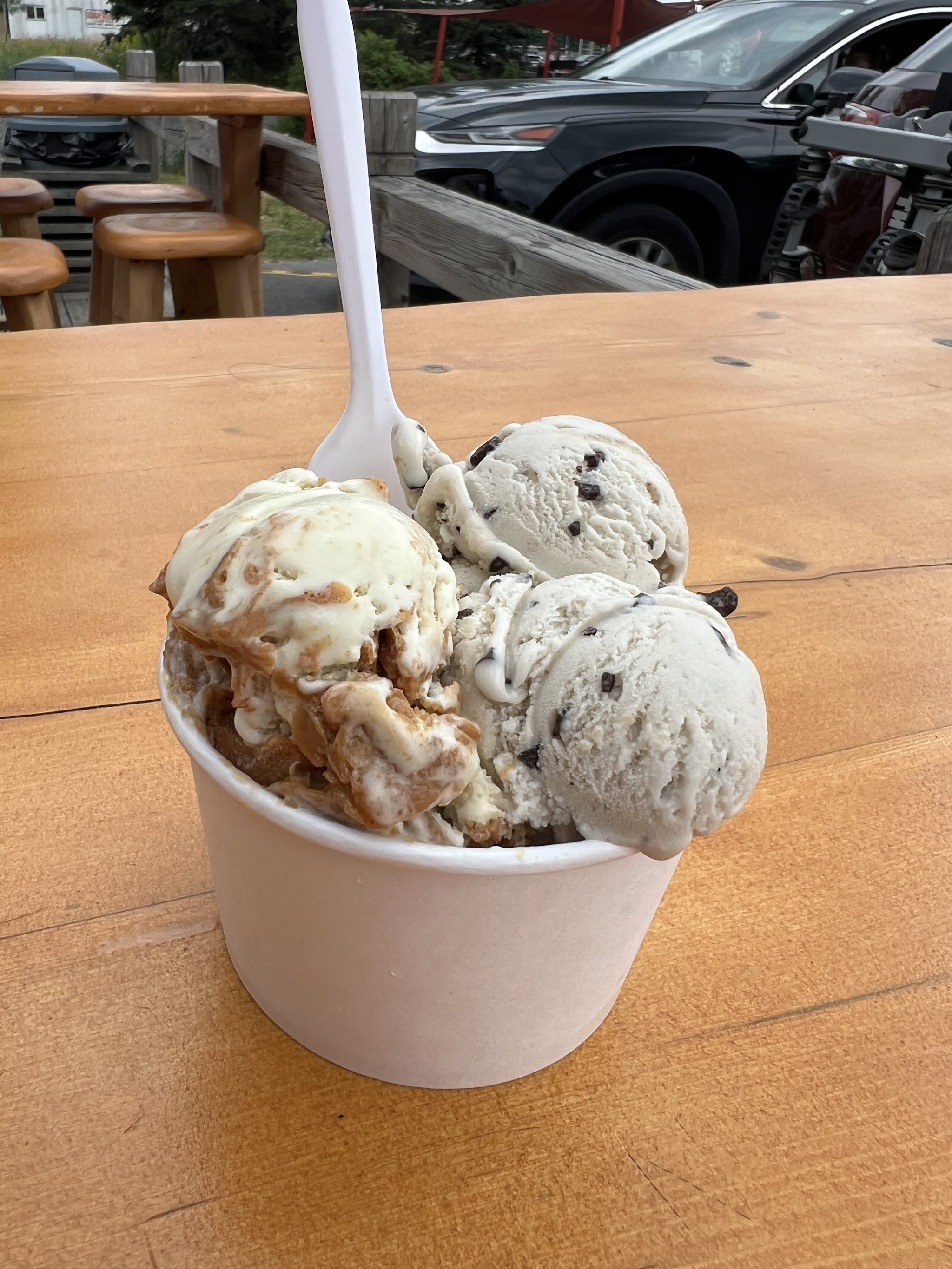 A towering multi-scoop waffle cone from Big Moose